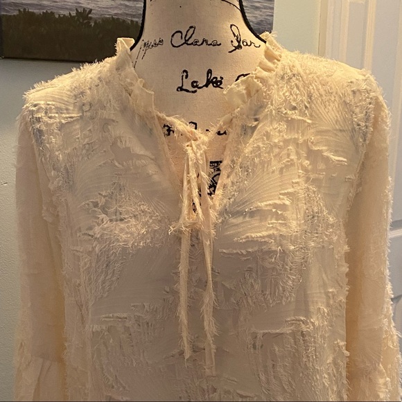 NEW! TIÈ NECK FRILL DISTRESSED APRICOT BLOUSE - Picture 8 of 9